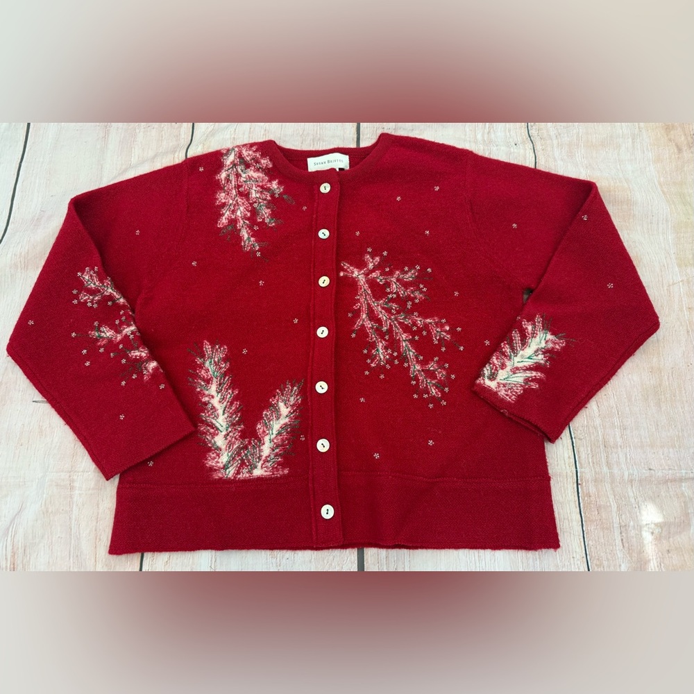 VTG Susan Bristol Wool Sweater Cardigan Medium Red Floral Beaded Cottage Granny